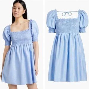 HILL HOUSE Smocked Athena Nap Dress in light blue glitter check | Size XS